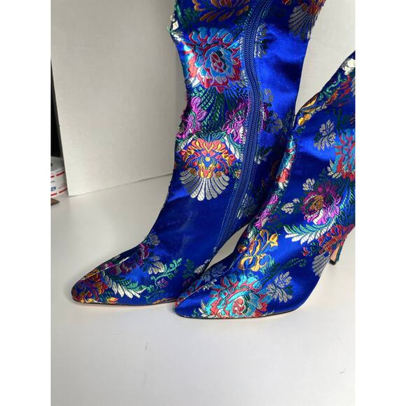 Fashion Nova Blue Metallic Thigh High Pointed Toe Floral Heels Size 8 - Picture 9 of 9